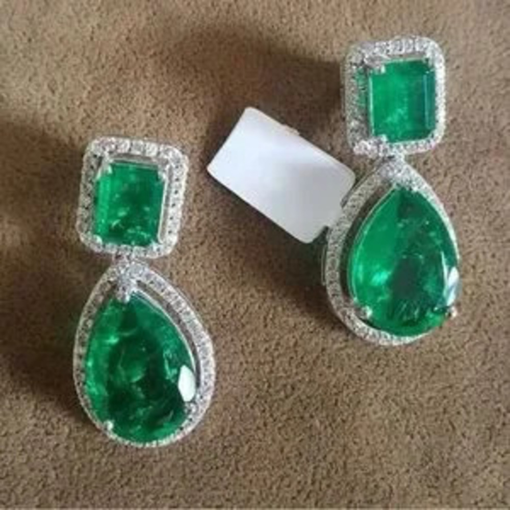 Green CZ Dangle Drop Earrings